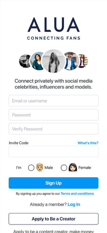 Alua sign up page